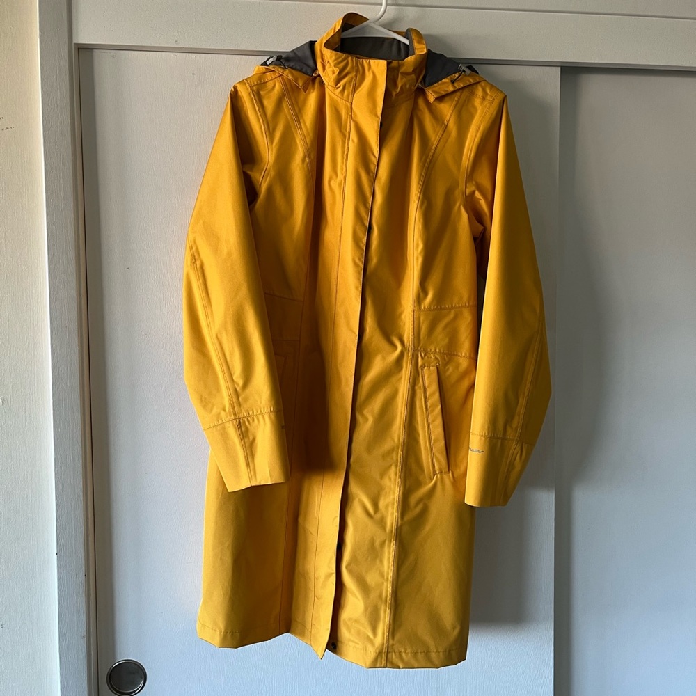Eddie Bauer Raincoat, Bright Yellow Trench Coat, Girl on the Go, Hooded